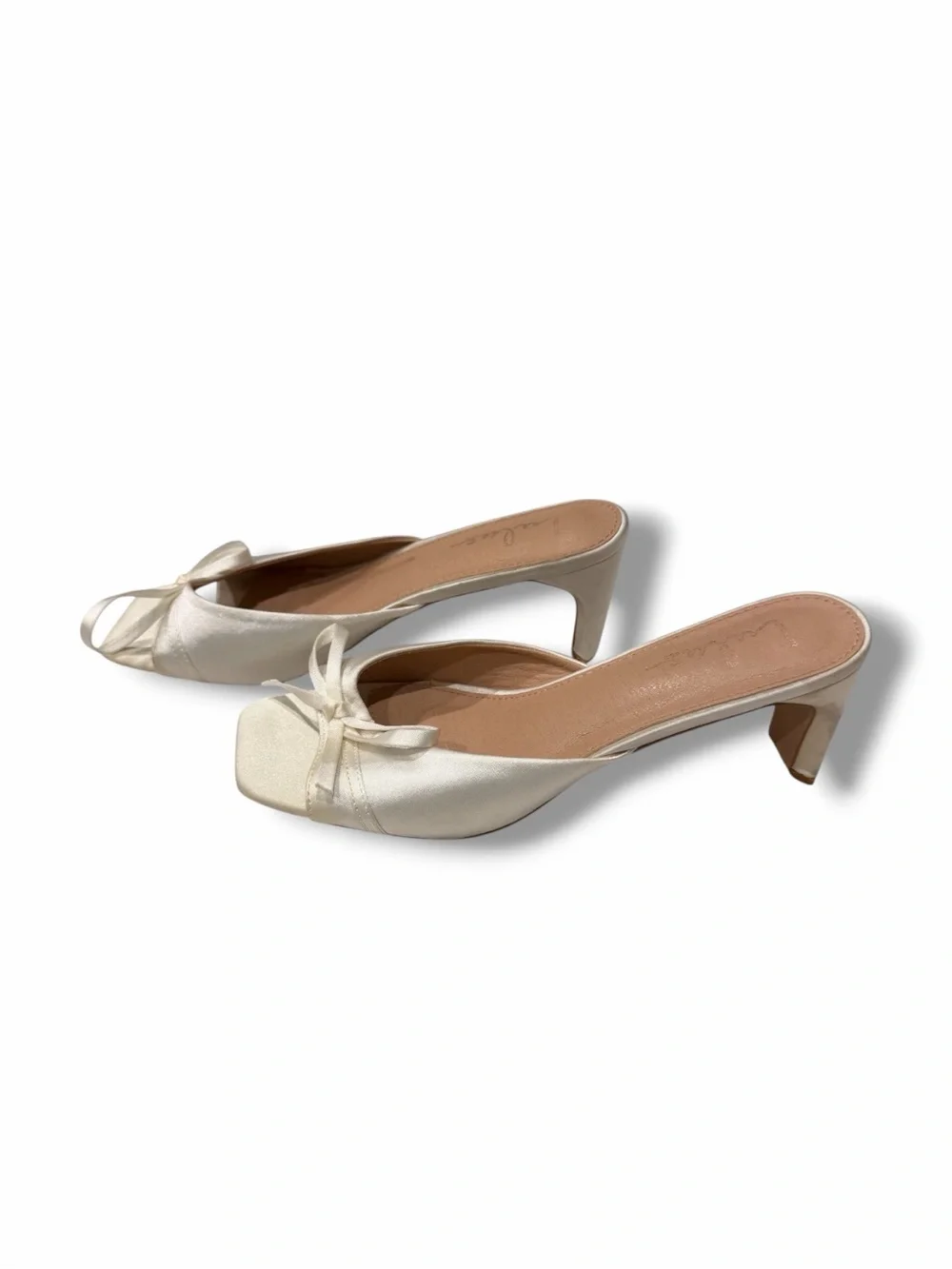 Lulu's Ivory Satin Bow Mule Heels